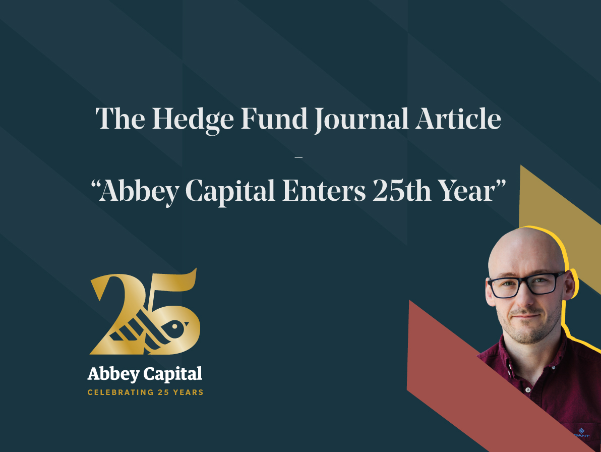 Graphic marking Abbey Capital’s 25 year milestone with the company logo on the left and a portrait of a John Twomey wearing glasses on the right. The headline reads The Hedge Fund Journal Article Abbey Capital Enters 25th Year.