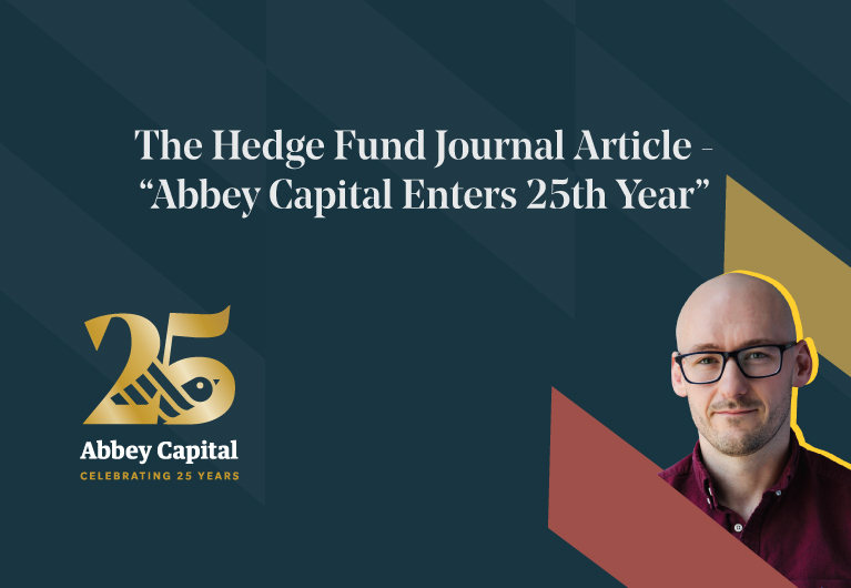 Graphic marking Abbey Capital’s 25 year milestone with the company logo on the left and a portrait of a John Twomey wearing glasses on the right. The headline reads The Hedge Fund Journal Article Abbey Capital Enters 25th Year.