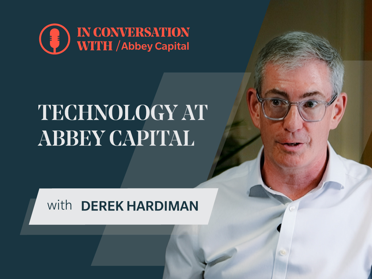 Promotional graphic for In Conversation with Abbey Capital featuring Derek Hardiman, with the title Technology at Abbey Capital displayed beside his portrait.