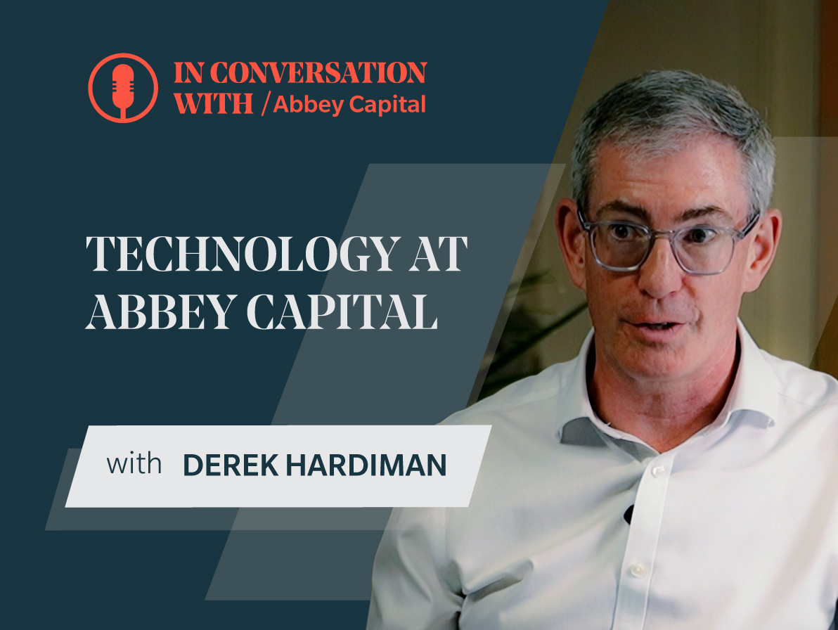 Promotional graphic for In Conversation with Abbey Capital featuring Derek Hardiman, with the title Technology at Abbey Capital displayed beside his portrait.