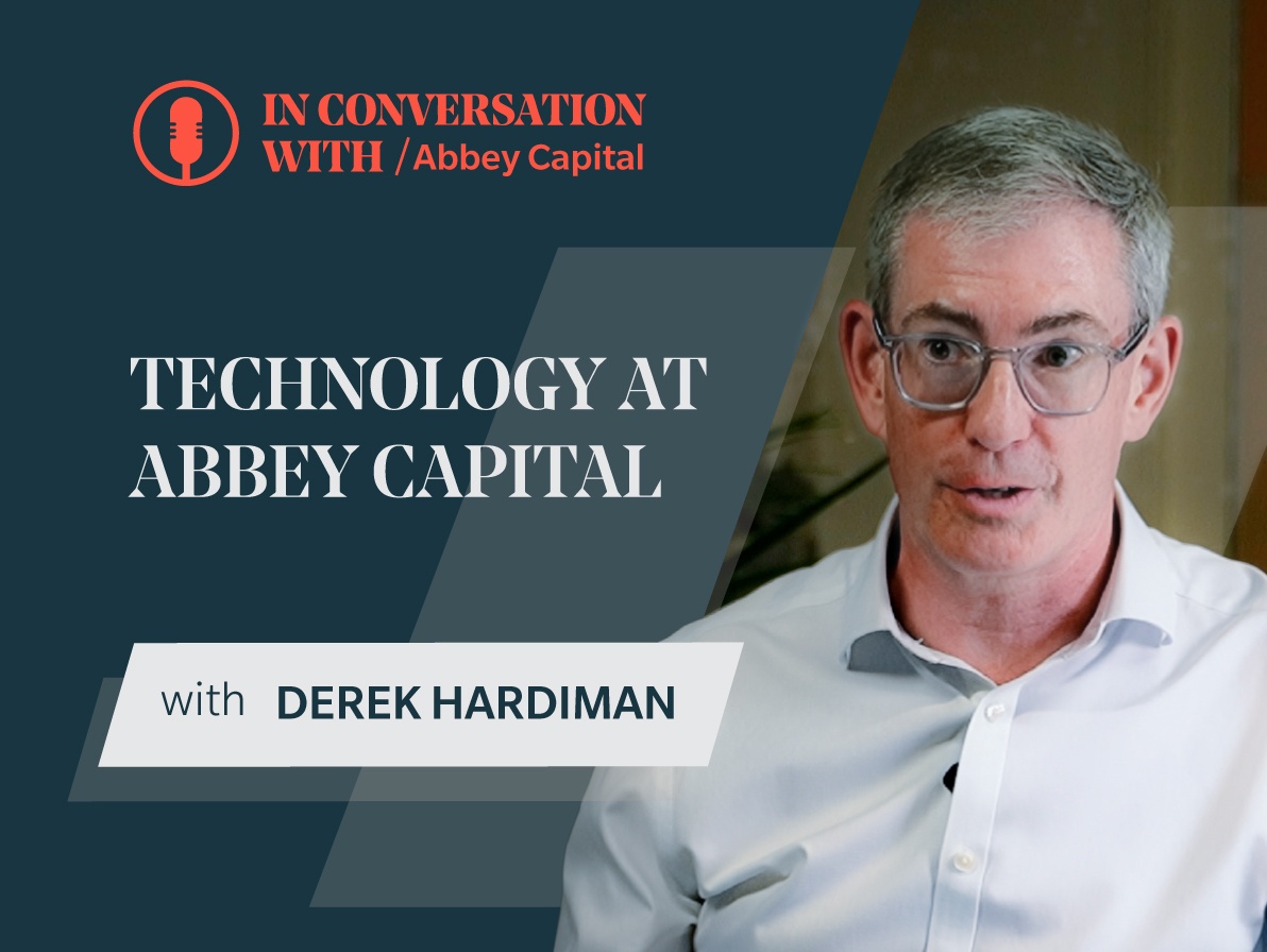 Promotional graphic for In Conversation with Abbey Capital featuring Derek Hardiman, with the title Technology at Abbey Capital displayed beside his portrait.
